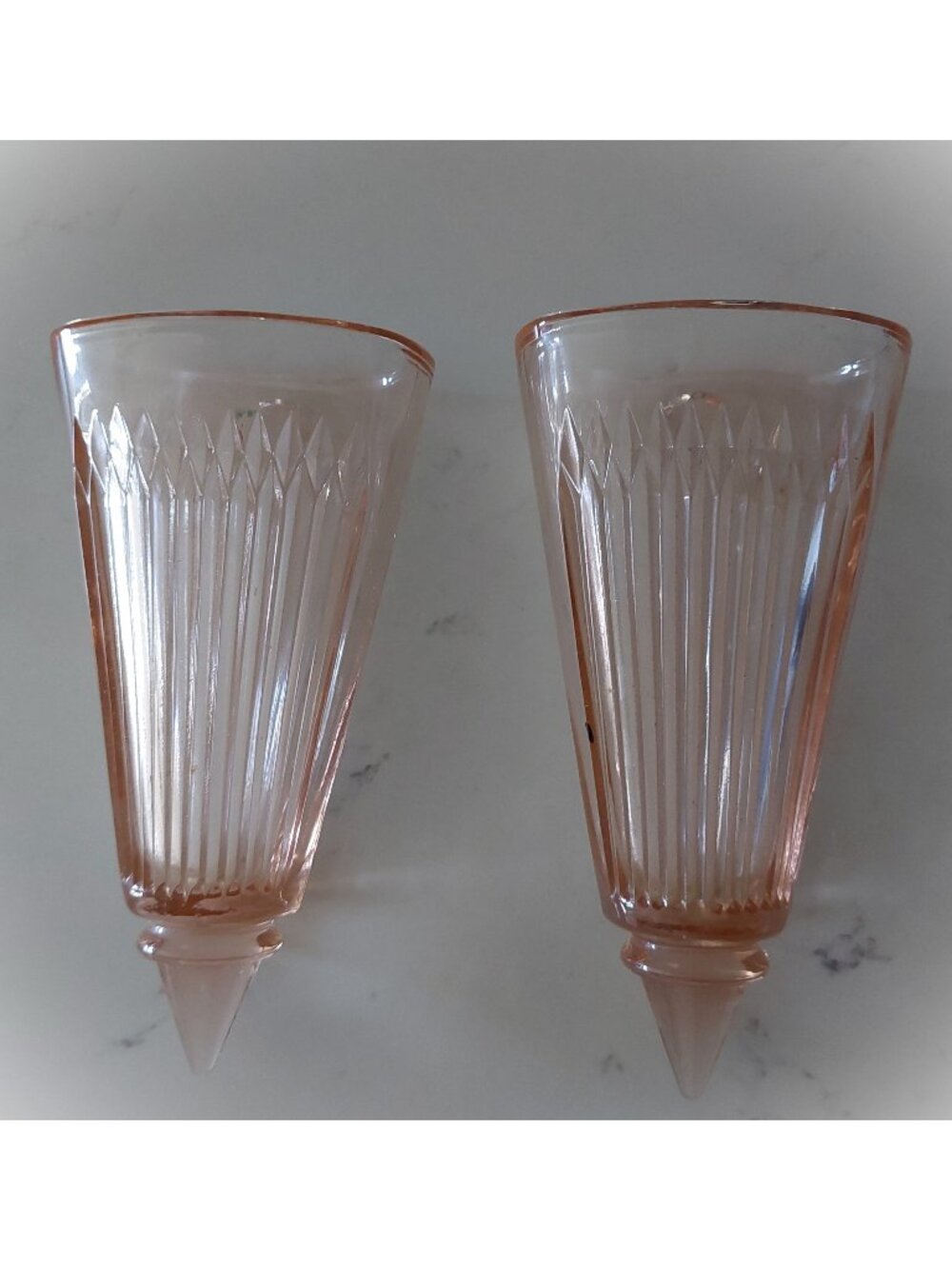 Vintage Jeannette Depression Glass Anniversary Pink 7" Wall Pocket Vase Pair Set